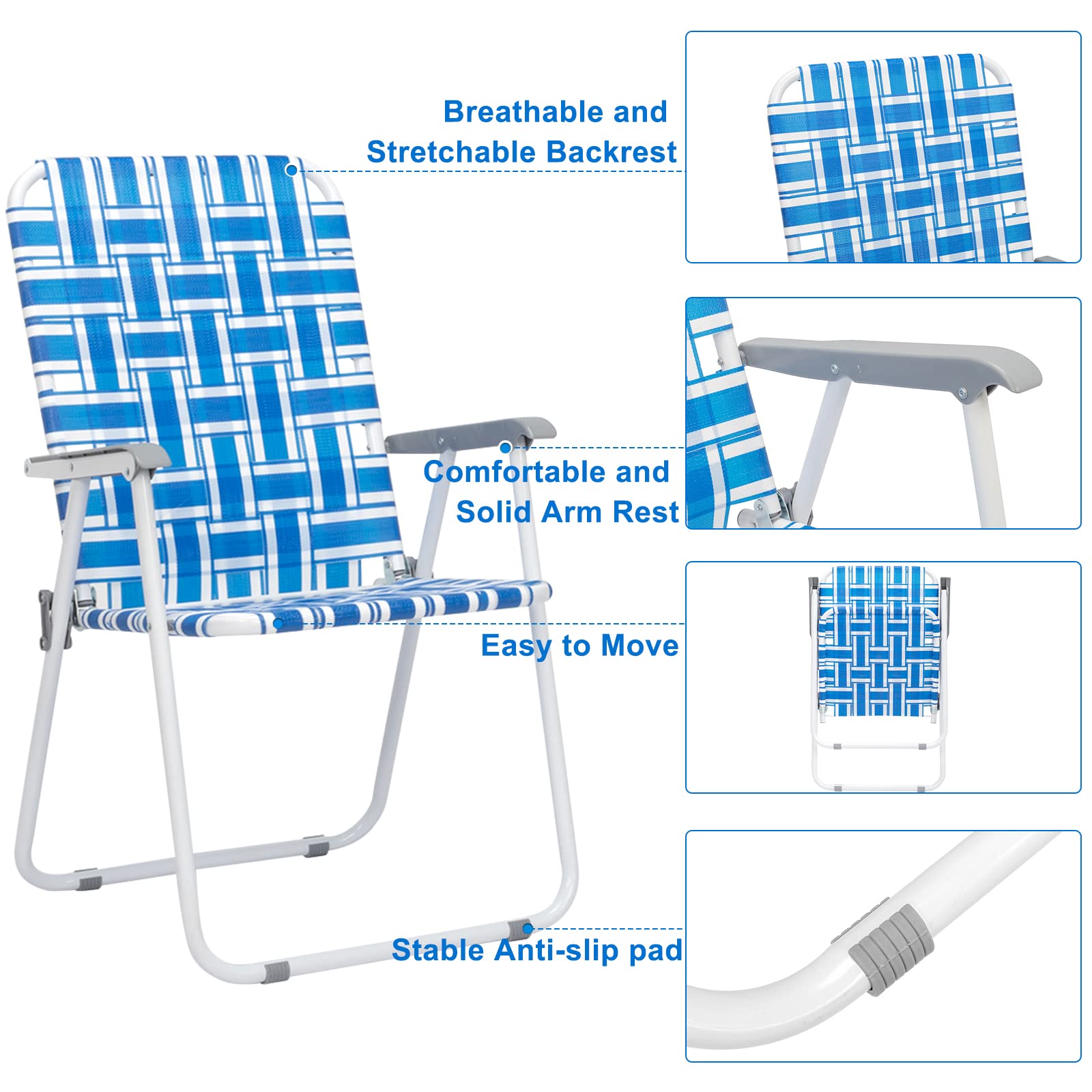 Set of 2 Patio Lawn Webbed Folding Chairs, Outdoor Beach Chair Portable Camping Chair, Webbed Folding Chair for Yard, Garden(Blue& White)