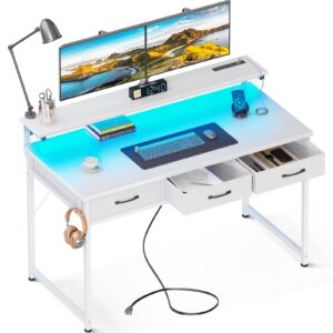 odk 48 inch computer desk with 3 drawers and usb power outlets, home office desks with led lights and adjustable monitor stand, work from home, modern work/writing/study table for bedroom, white