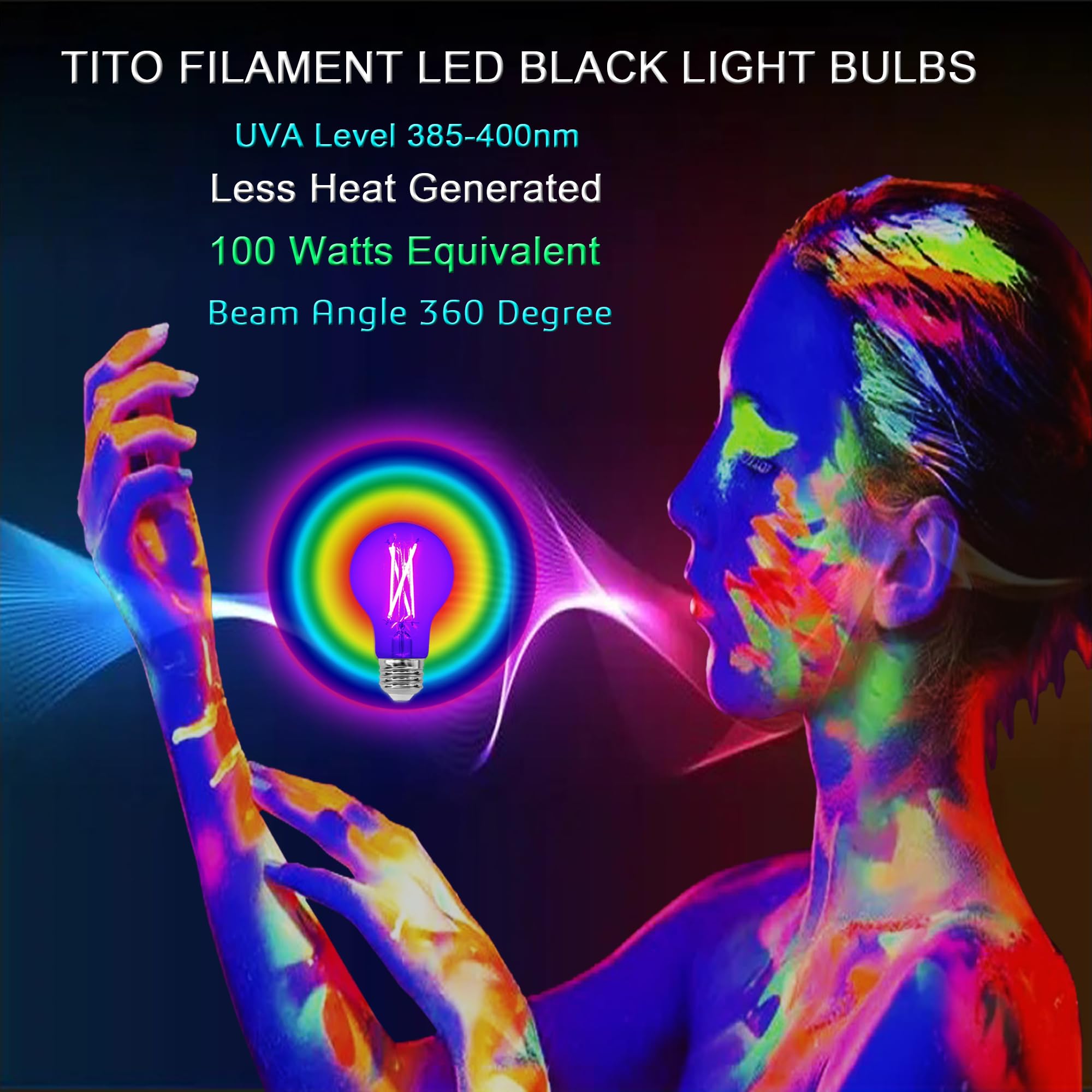 TITO 8 Pack E26 A19 Filament LED Black Light Bulbs, UVA 395nm 6W Blacklight Bulb 100W Equivalent, Black Light Bulb Glow in Dark Halloween Christmas Party Fluorescent Tapestry Poster Decor Body Paint