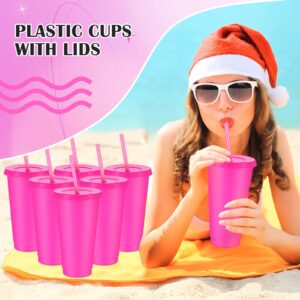 6 Pcs Reusable Tumbler with Lids and Straws Plastic Iced Coffee Tumbler Glitter Travel Mug Cup for Smoothie Juices Birthday Party Cold Drink Cup Coffee Cup Bulk for Adult Kid Women (Rose Red,24 oz)