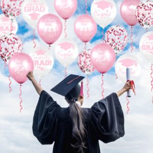 Whaline 60Pcs Graduation Party Balloon Set 7 Designs Confetti Latex Balloon with 2 Rolls Ribbon Grad Cap Congrats Grad Balloon for Graduation Party Decoration Supplies (Pink, White)