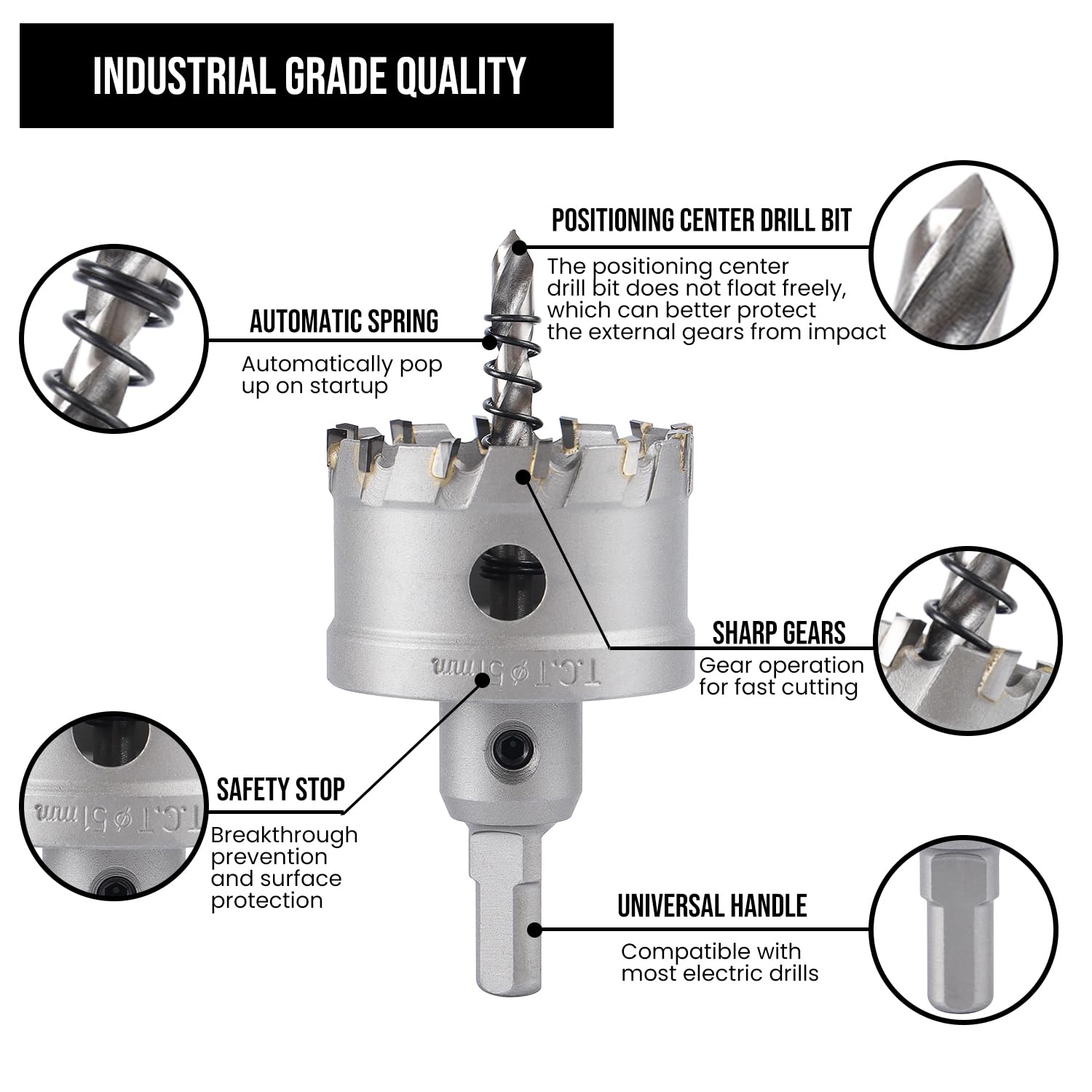 Anfrere TCT 2'' Hole Saw Bit for Hard Metal, Heavy Duty TCT Carbide Cutting Hole Saw Bit with Center Drilling Bit and SDS Shank and L-Wrench for Stainless Steel, Iron, Aluminium, Alloys, Plastics