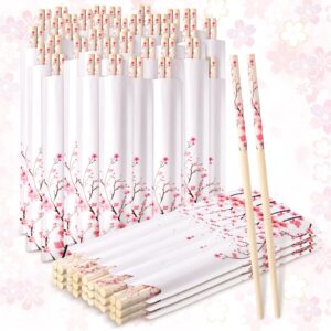 suttmin 50 pairs cherry blossom chopsticks bulk with chopsticks sleeved blue flower disposable bamboo chopsticks eucalyptus wedding favors chinese japanese food supply for takeout picnic(cherry)