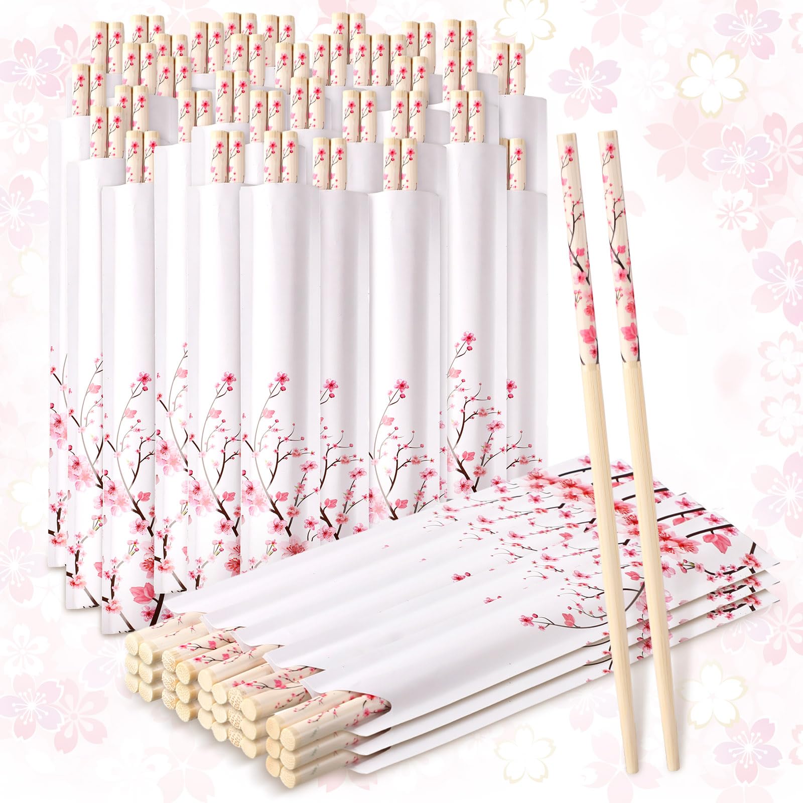 Suttmin 50 Pairs Cherry Blossom Chopsticks Bulk with Chopsticks Sleeved Blue Flower Disposable Bamboo Chopsticks Eucalyptus Wedding Favors Chinese Japanese Food Supply for Takeout Picnic(Cherry)