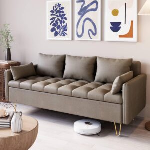 GAOMON Faux Leather Sofa, Couches with Metal Gold Legs, Lift-up Storage Box, and Hand Stitched Details - Versatile for Living Room or Bedroom in Dark Brown