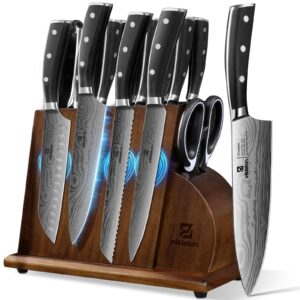 piklohas kitchen knife sets for kitchen with block, 17 pieces with magnetic knife holder, german high carbon stainless steel damascus pattern chef knives set with sharpener, steak knives