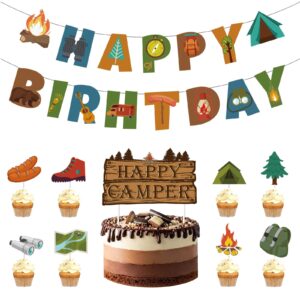 glasnes camping birthday party decoration kit banner cake topper happy camper party decorations for baby shower boys girls adults kids camping theme happy birthday banner