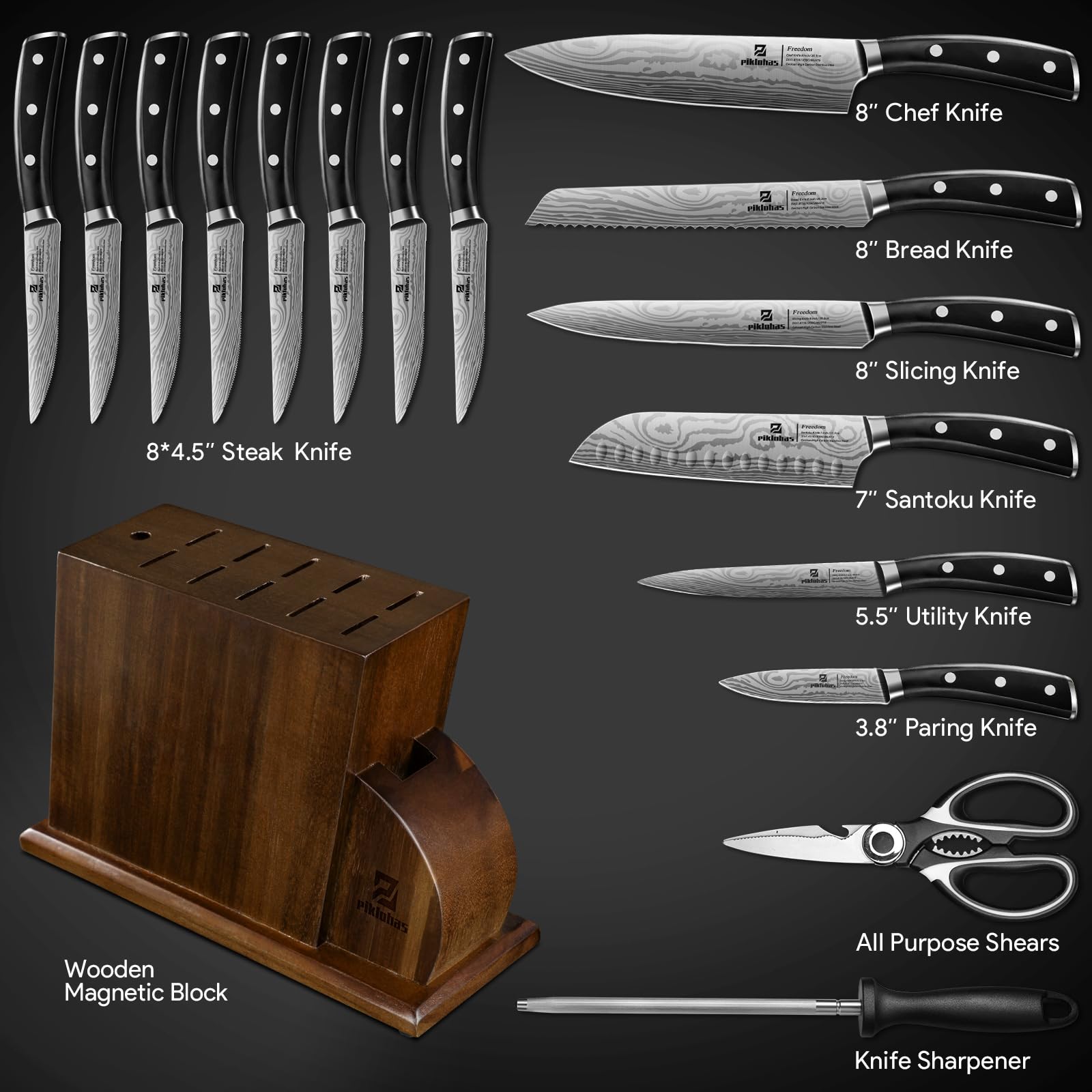 Piklohas Kitchen Knife Sets for Kitchen with Block, 17 Pieces with Magnetic Knife Holder, German High Carbon Stainless Steel Damascus Pattern Chef Knives Set with Sharpener, Steak Knives