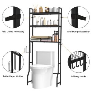 NOVIMANGO Over The Toilet Storage 3 Tier Over Toilet Bathroom Organizer Wooden Bathroom Space Saver Freestanding Above Toilet Stand with 4 Hooks Black Over The Toilet Rack for Restroom, Laundry