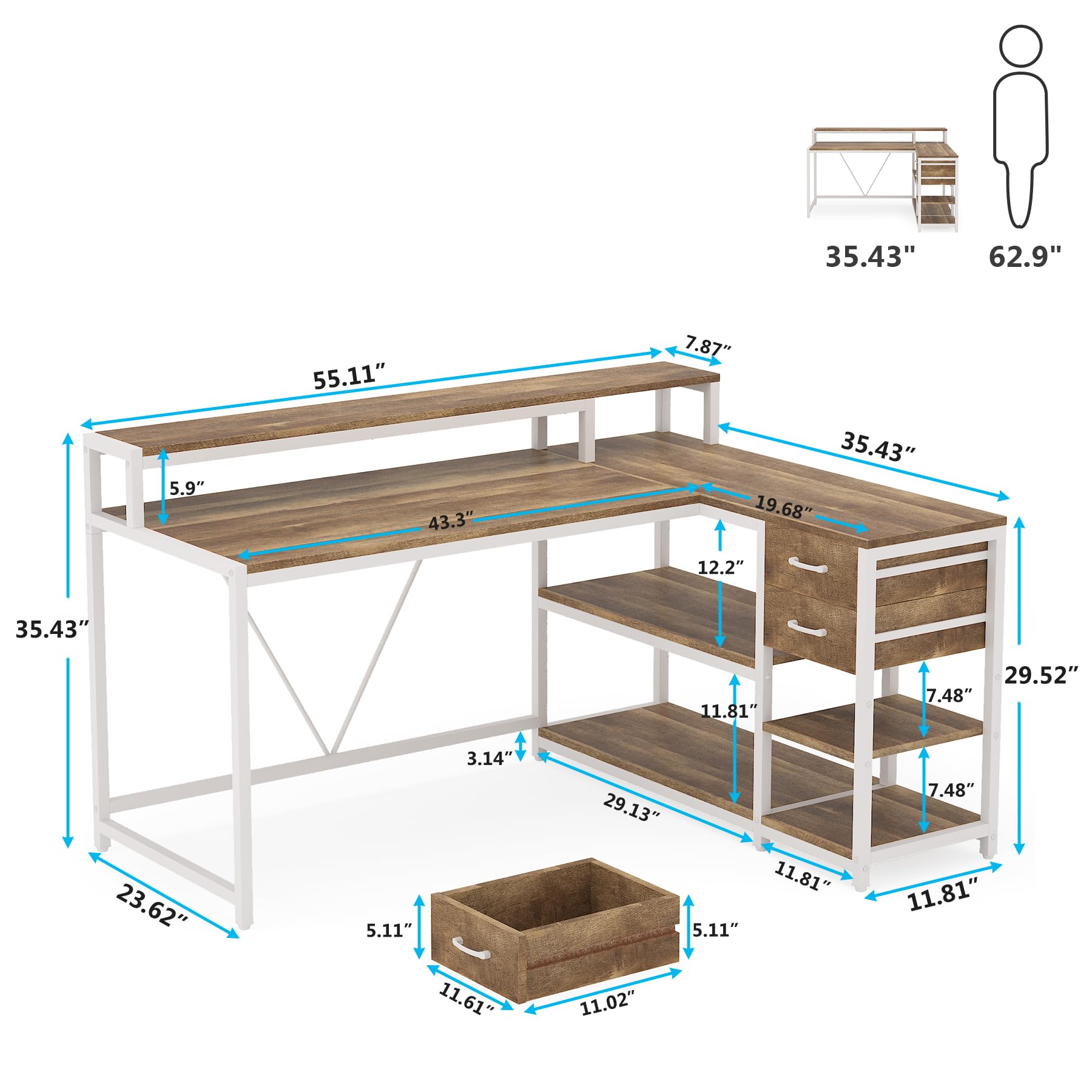 Tribesigns Reversible 55-inch L Shaped Desk with Drawer, Modern L Corner Desk Home Office Table with Storage Shelves and Monitor Stand, Rustic Wooden and Metal PC Table for Small Space (Oak)