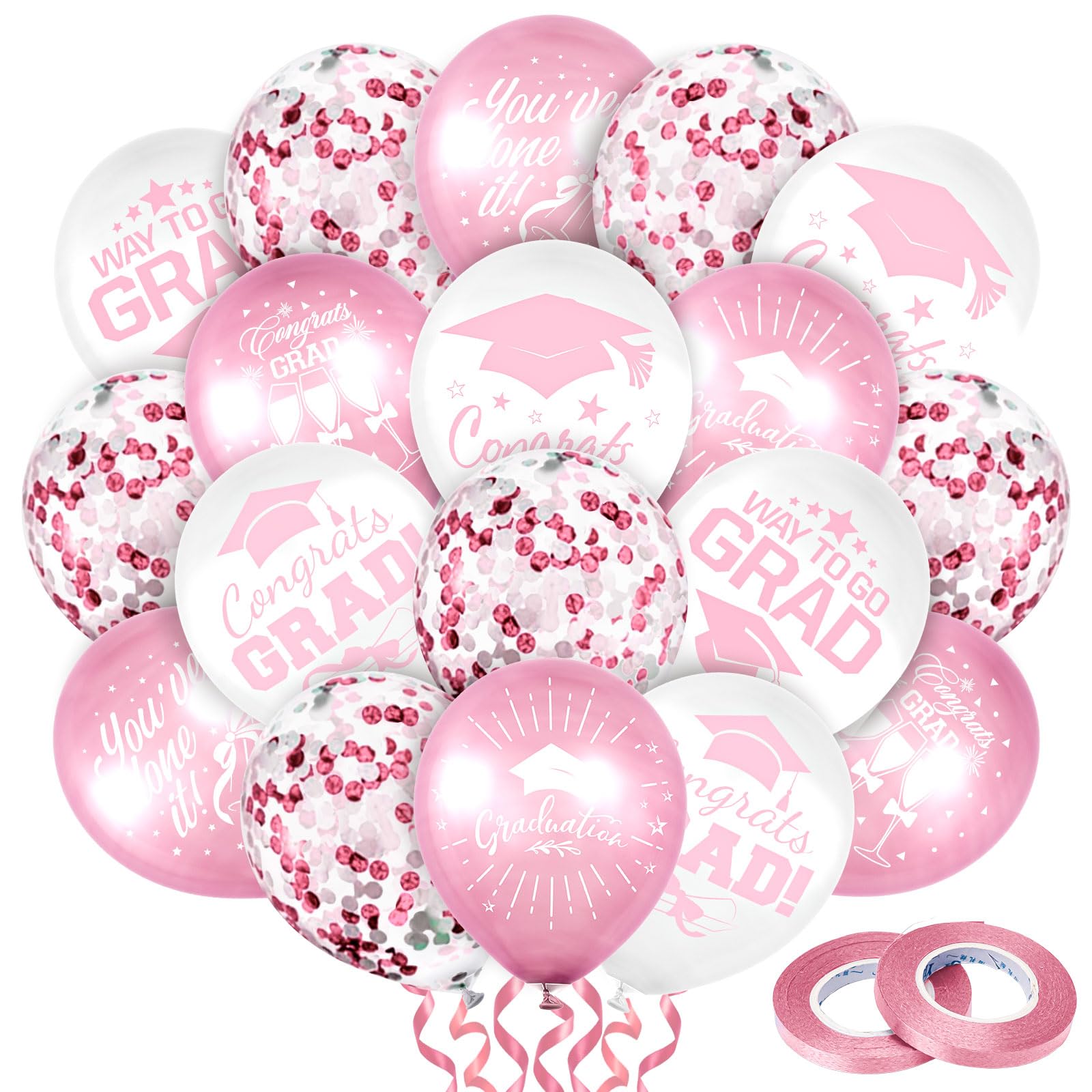 Whaline 60Pcs Graduation Party Balloon Set 7 Designs Confetti Latex Balloon with 2 Rolls Ribbon Grad Cap Congrats Grad Balloon for Graduation Party Decoration Supplies (Pink, White)