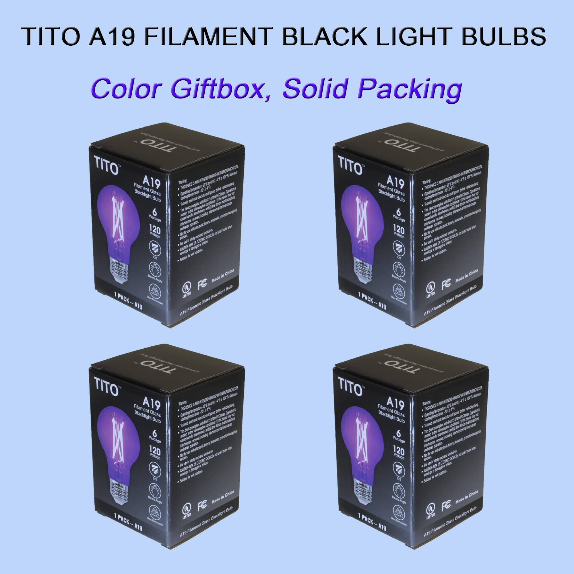 TITO 8 Pack E26 A19 Filament LED Black Light Bulbs, UVA 395nm 6W Blacklight Bulb 100W Equivalent, Black Light Bulb Glow in Dark Halloween Christmas Party Fluorescent Tapestry Poster Decor Body Paint