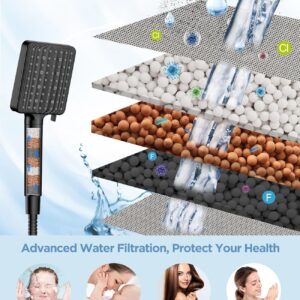 MakeFit Filtered Shower Head Black - 6 Modes High Pressure Handheld Shower Head with Filter Mineral Beads, Detachable Handheld Showerhead Set with Stainless Steel Hose and Shower Arm Bracket