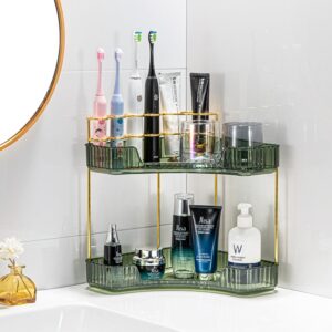 corner shower caddy shelf,2-pack adhesive shower organizer plastic shower shelf with 3 hooks,no drilling shower organizer,wall mounted with large capacity shower shelves (table-top green 2-layer)