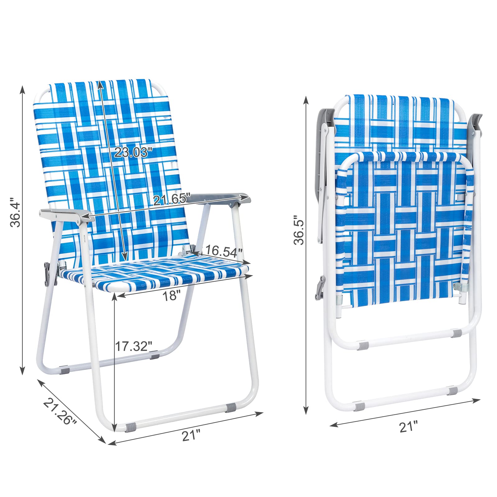 Set of 2 Patio Lawn Webbed Folding Chairs, Outdoor Beach Chair Portable Camping Chair, Webbed Folding Chair for Yard, Garden(Blue& White)