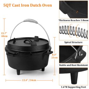 5QT Dutch Oven Camping, Leonyo 2 in 1 Camping Dutch Oven, Cast Iron Dutch Oven for Outdoor Camping, Heavy Duty & Pre-Seasoned Deep Pot for Sourdough Bread Baking, Campfire Cooking