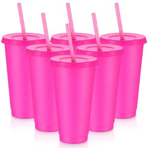 6 pcs reusable tumbler with lids and straws plastic iced coffee tumbler glitter travel mug cup for smoothie juices birthday party cold drink cup coffee cup bulk for adult kid women (rose red,24 oz)