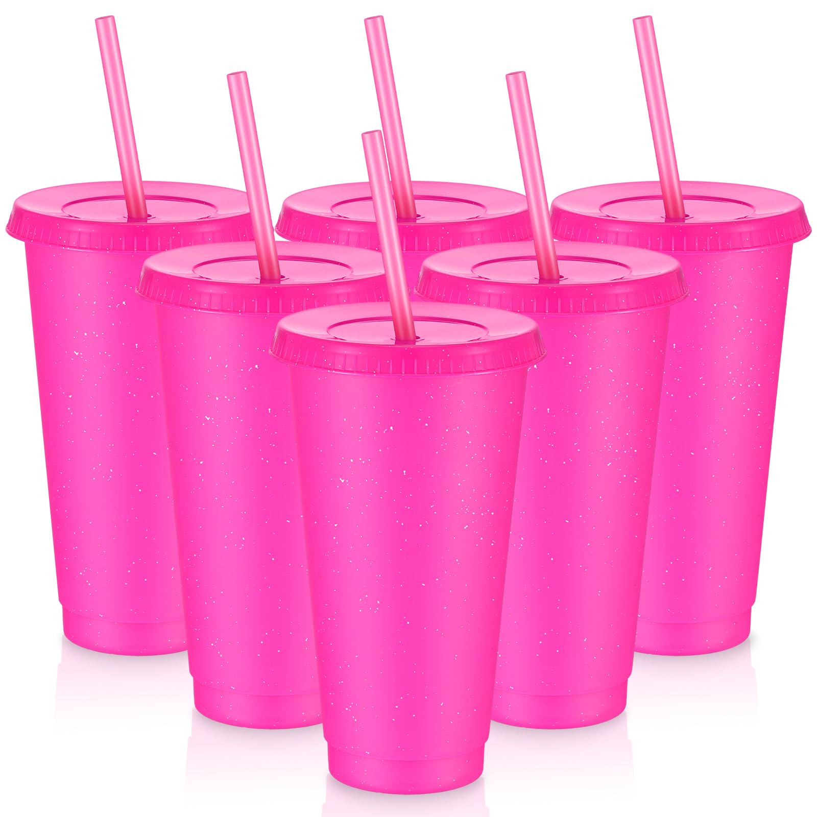 6 Pcs Reusable Tumbler with Lids and Straws Plastic Iced Coffee Tumbler Glitter Travel Mug Cup for Smoothie Juices Birthday Party Cold Drink Cup Coffee Cup Bulk for Adult Kid Women (Rose Red,24 oz)