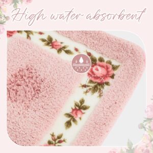 3 Pcs Rose Flowers Coquette Bathroom Rugs Set Coquette Rug Bathroom Bedroom Living Room Carpet, Floral Flower Rugs for Bedroom Non Skid Absorbent Romantic Rose Flower Area Rugs 3 Shapes(Pink)