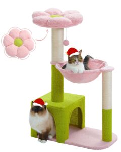 muttros flower cat tree with large metal frame hammock, 35" cute cat tower with sisal scratching posts for small indoor cats, cat condo with pink top perch for kittens, pink