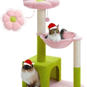 MUTTROS Flower Cat Tree with Large Metal Frame Hammock, 35" Cute Cat Tower with Sisal Scratching Posts for Small Indoor Cats, Cat Condo with Pink Top Perch for Kittens, Pink