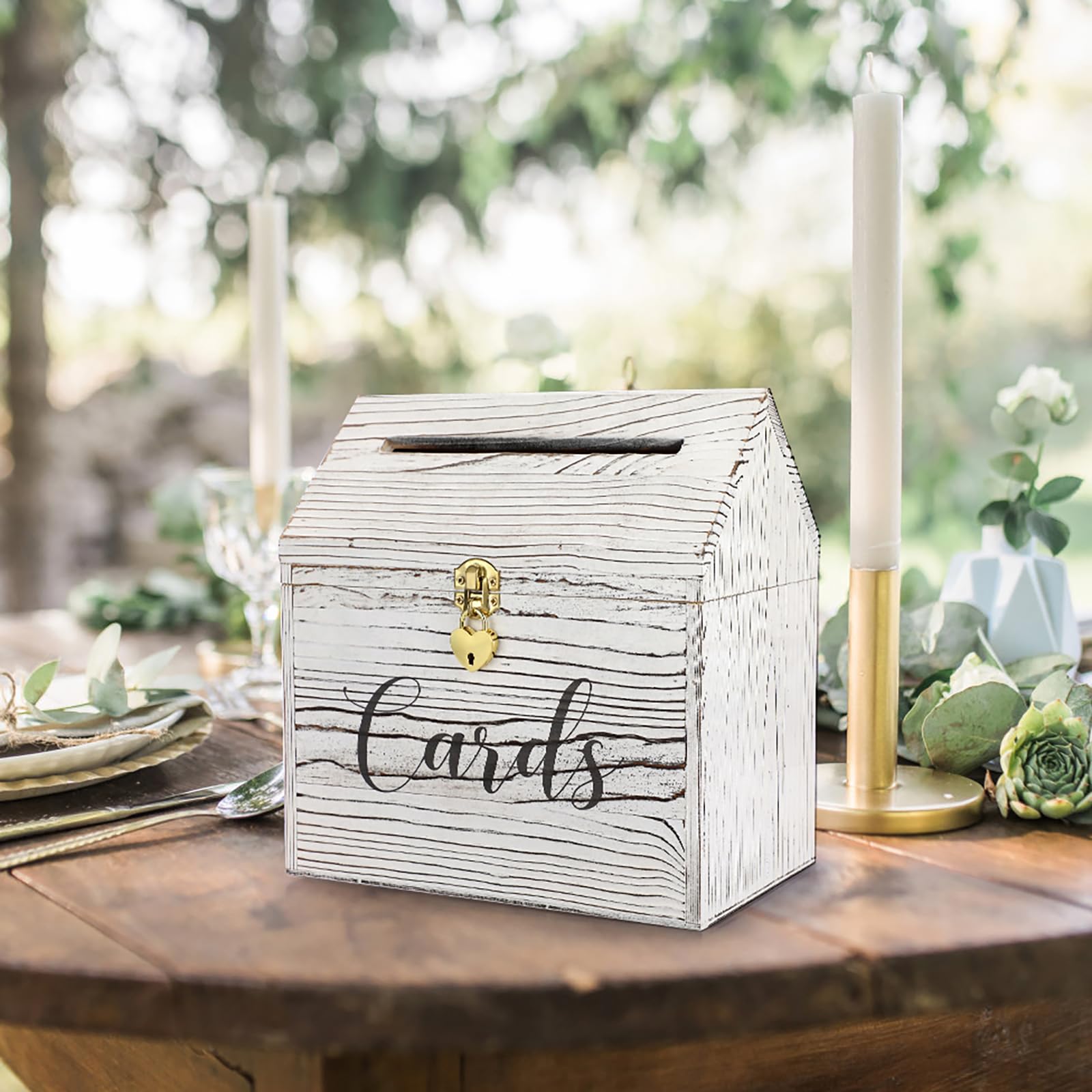 ELLDOO Wooden Wedding Card Box with Heart Lock, Rustic Gift Boxes, House Shape with Slot Decorative Wishing Card Holder Box for Wedding Receptions, Baby Shower, Birthday, Graduation, White