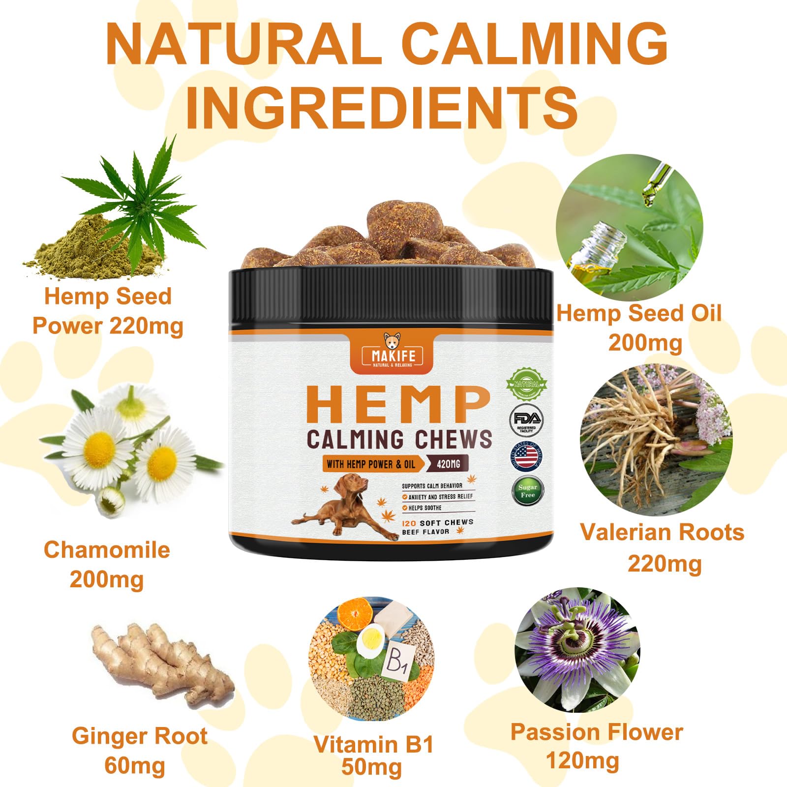 Dogs Hemp Calming Chews, Anxiety Relief Calming Treats 100% Natural Ingredients Calming Treats for Dog, Aid with Barking, Thunderstorms, Separation Beef Flavor