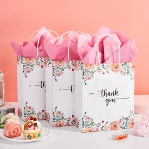 50 Pack Medium White & Spring Floral Thank You Paper Gift Bags with Handles 10 x8 x4 Inches and Pink Tissue Paper for Small Business Wedding Baby Shower Birthday Party Favors Goodies