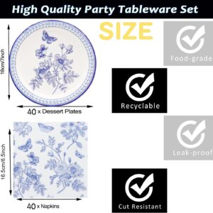 80 Pcs Blue White Flower Party Supplies Blue and White Floral Set 7"Blue White Floral Paper Plates Napkins for Floral Party Theme Bridal Shower Wedding Tea Party Floral Birthday Party Decor |Serves40