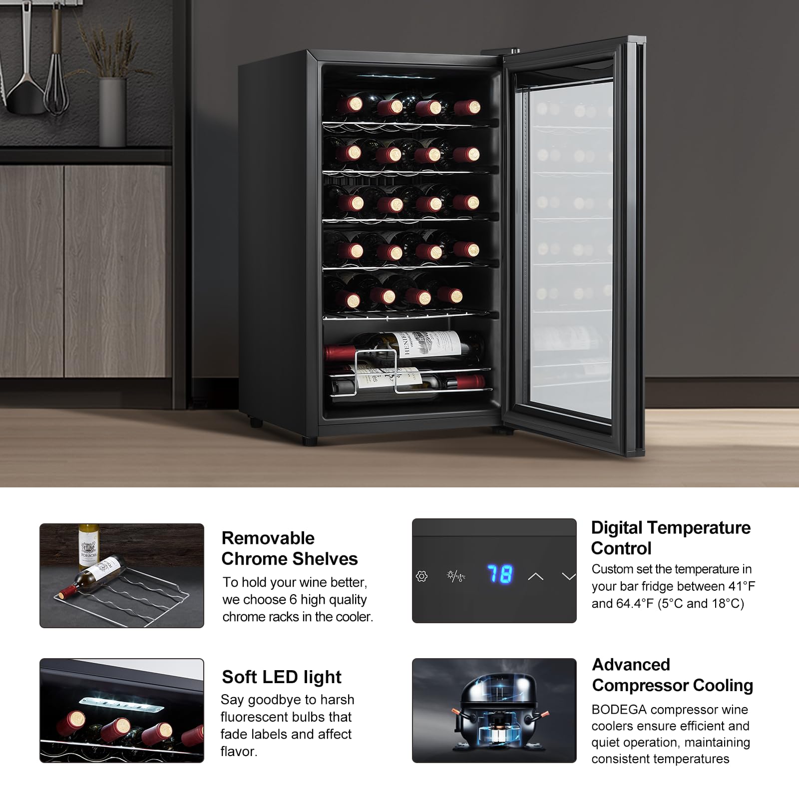 BODEGACOOLER 24 Bottle wine fridge, Compressor Wine Cooler for Red, White or Champagne, Mini Fridge with 41-64.4°F Digital Temperature Control, Wine cooler for home.