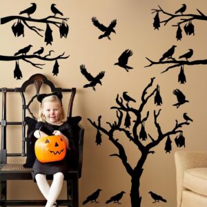 Large Halloween Window Stickers Halloween Tree Wall Decals Bats Stickers Black Bird Crow Decals Peel and Stick Vinyl Halloween Tree Branch Wall Art Sticker Halloween Wall Decor for Party Supplies Gift