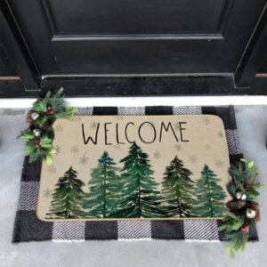 CROWNED BEAUTY Christmas Front Door Mat Pine Trees Doormat for Indoor Outdoor, Entry Rug for Outside Porch Entrance Welcome 17x29 Inch (Green)