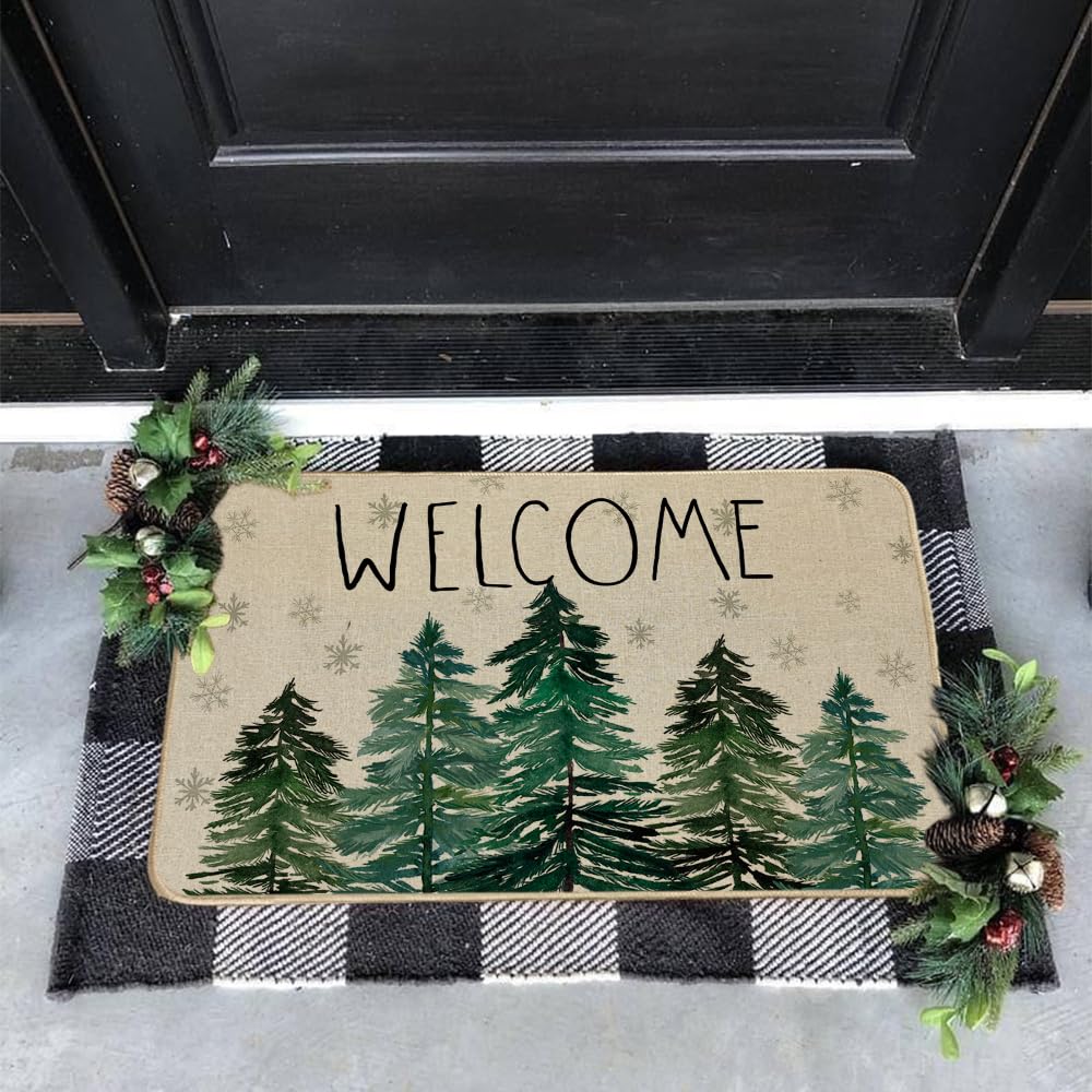 CROWNED BEAUTY Christmas Front Door Mat Pine Trees Doormat for Indoor Outdoor, Entry Rug for Outside Porch Entrance Welcome 17x29 Inch (Green)