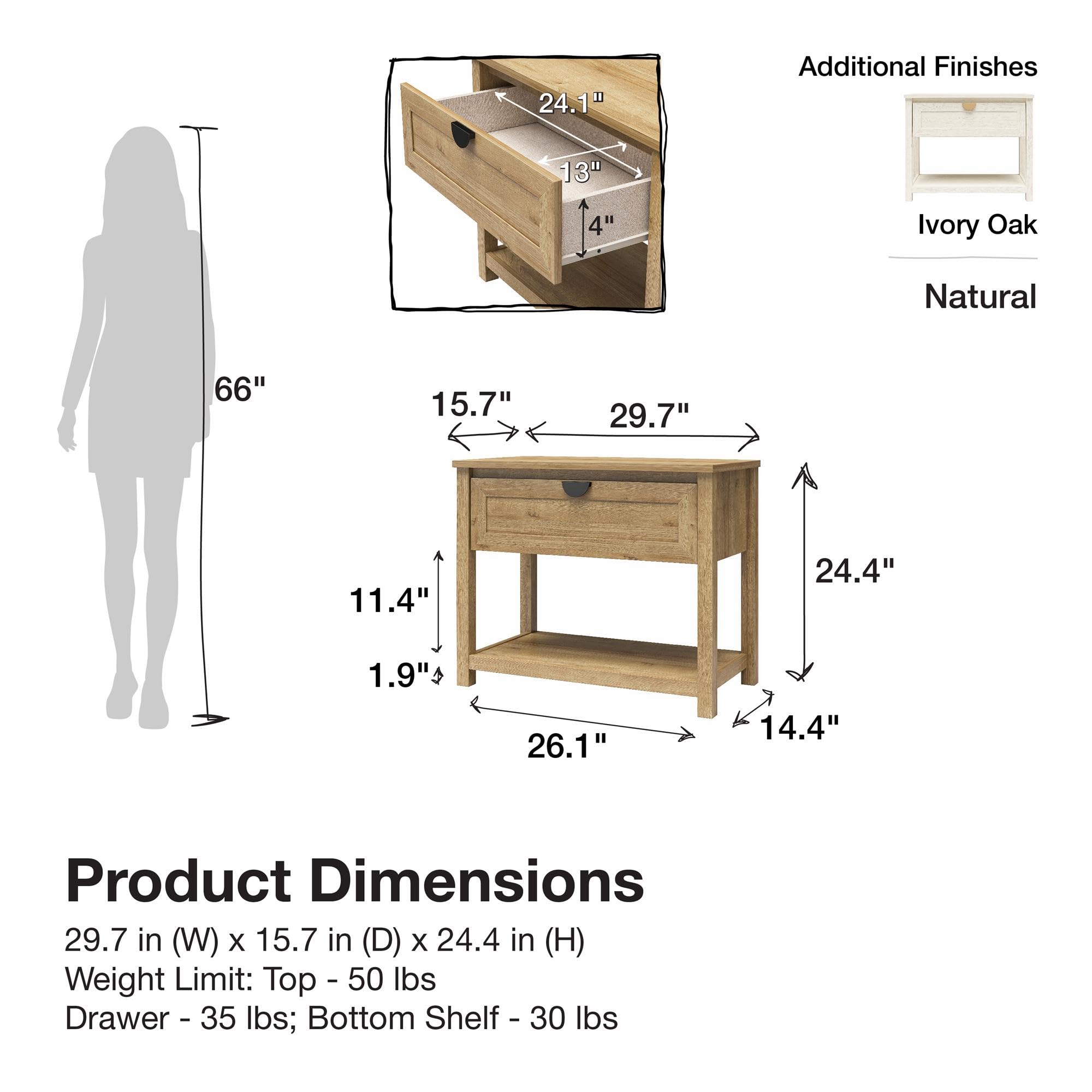 Mr. Kate Primrose Wide 1 Drawer Nightstand with Open Shelf, Ivory Oak