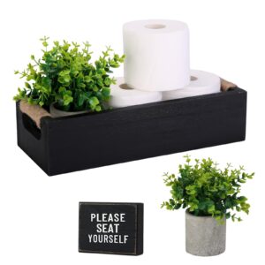 veichin bathroom decor box back of toilet paper storage basket organizer with funny double-sided box sign and artificial flower, set of 3 wood tank tray