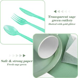 durony 350 Pcs Sage Green Party Tableware Set for 50 Guests Include 7, 9 Inch Paper Dessert Plates Napkins Cups Forks Cutlery Disposable for Bridal Shower Wedding Birthday Party Decorations Supplies