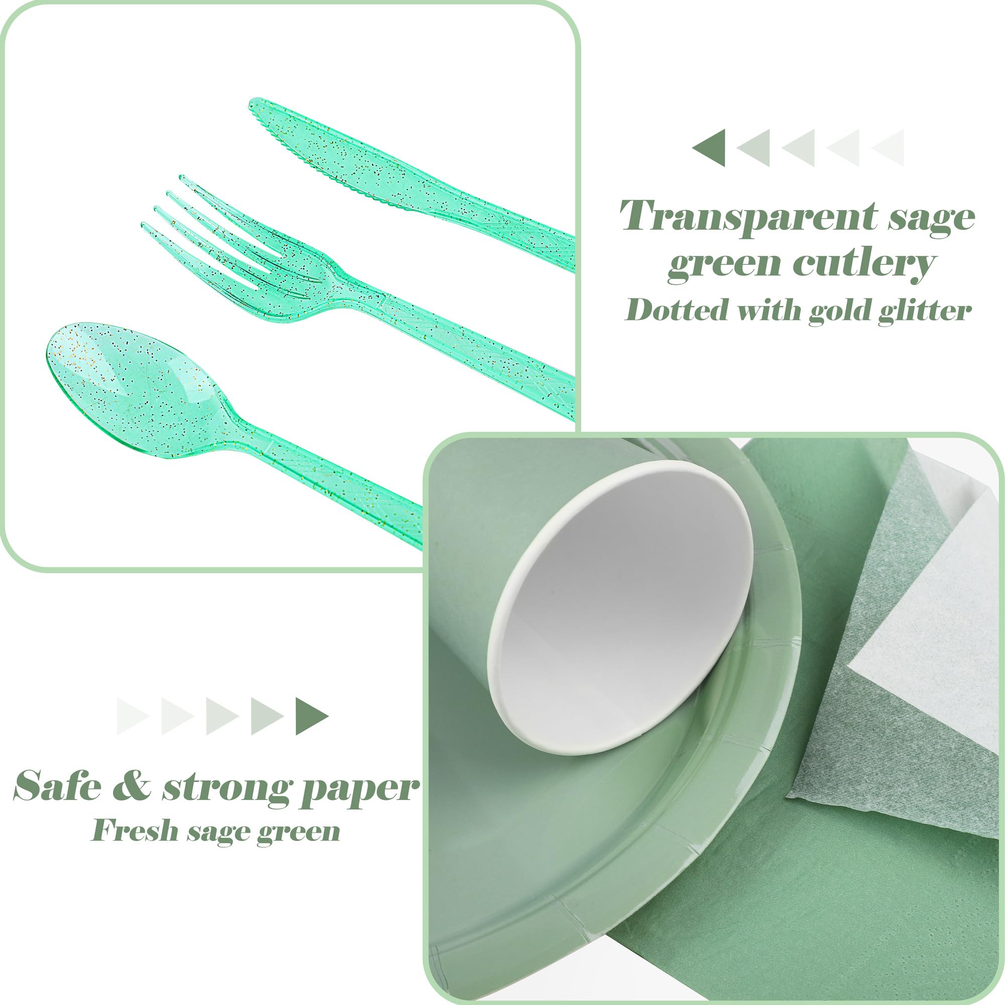 durony 350 Pcs Sage Green Party Tableware Set for 50 Guests Include 7, 9 Inch Paper Dessert Plates Napkins Cups Forks Cutlery Disposable for Bridal Shower Wedding Birthday Party Decorations Supplies