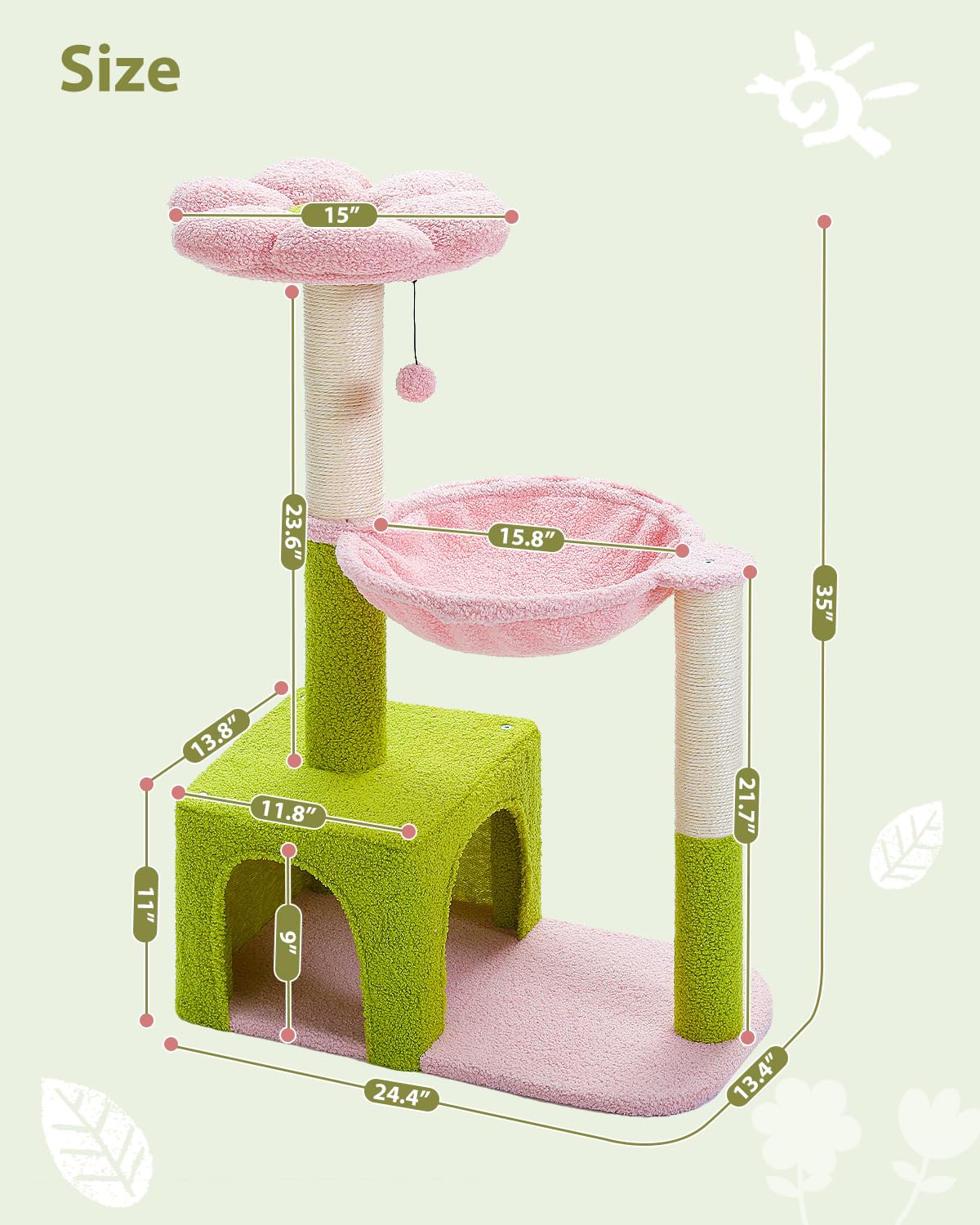 MUTTROS Flower Cat Tree with Large Metal Frame Hammock, 35" Cute Cat Tower with Sisal Scratching Posts for Small Indoor Cats, Cat Condo with Pink Top Perch for Kittens, Pink