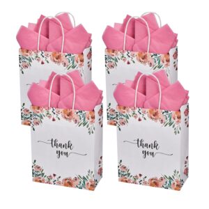 50 pack medium white & spring floral thank you paper gift bags with handles 10 x8 x4 inches and pink tissue paper for small business wedding baby shower birthday party favors goodies