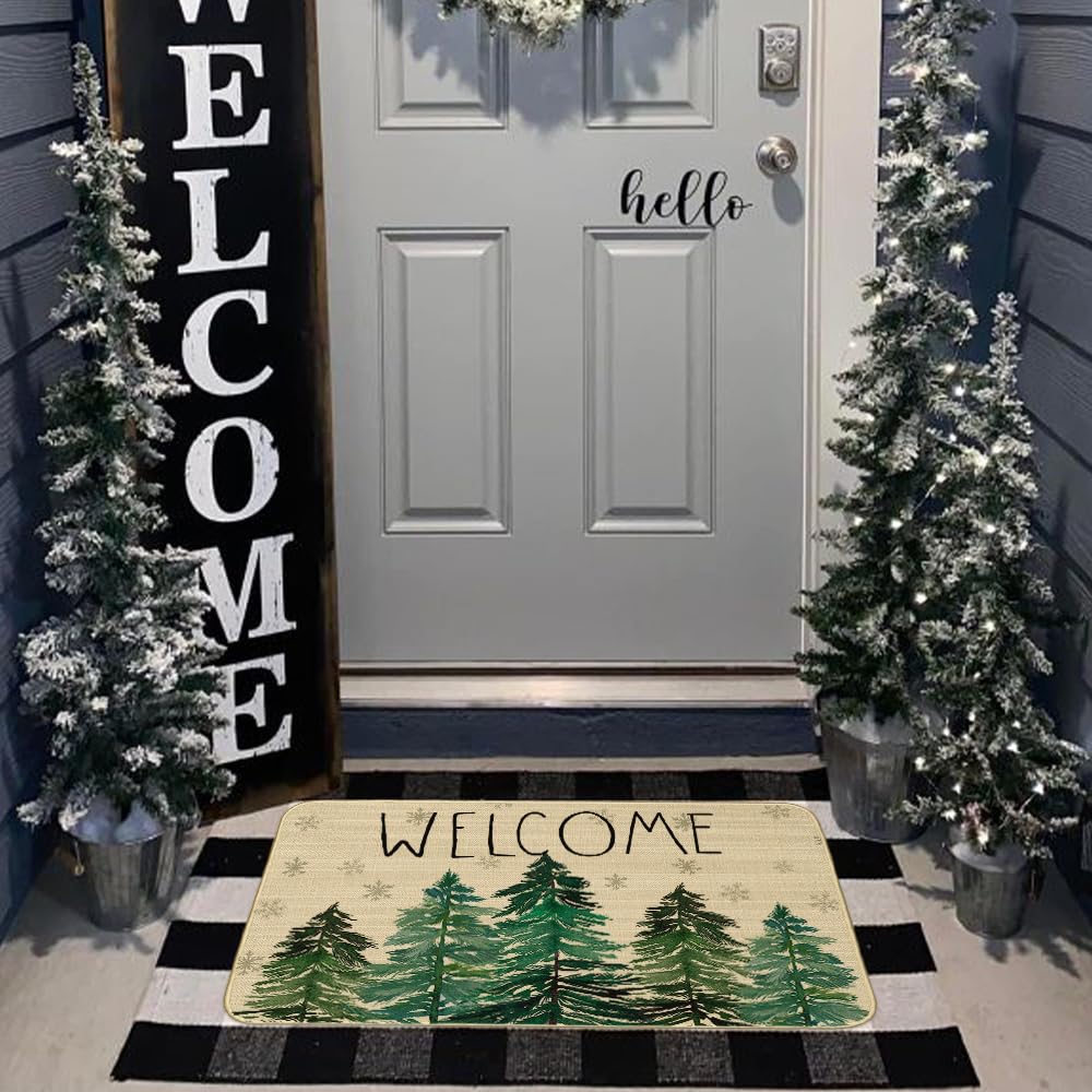 CROWNED BEAUTY Christmas Front Door Mat Pine Trees Doormat for Indoor Outdoor, Entry Rug for Outside Porch Entrance Welcome 17x29 Inch (Green)