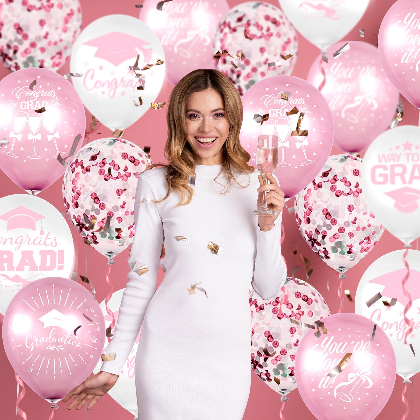 Whaline 60Pcs Graduation Party Balloon Set 7 Designs Confetti Latex Balloon with 2 Rolls Ribbon Grad Cap Congrats Grad Balloon for Graduation Party Decoration Supplies (Pink, White)