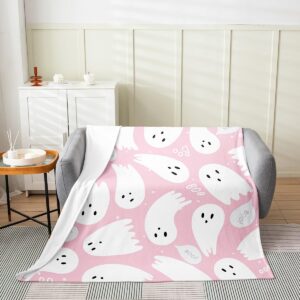 jejeloiu pink halloween fuzzy blanket throw 50"x60" cartoon ghost flannel fleece throw blanket for sofa couch kids kawaii cute all season bed blanket pink plush blanket