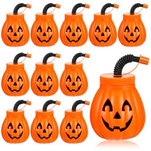 yaomiao 12 pack halloween cups reusable pumpkin plastic cups with straw and lids 12 oz orange drinking cups for halloween themed birthday party pumpkin decoration gifts