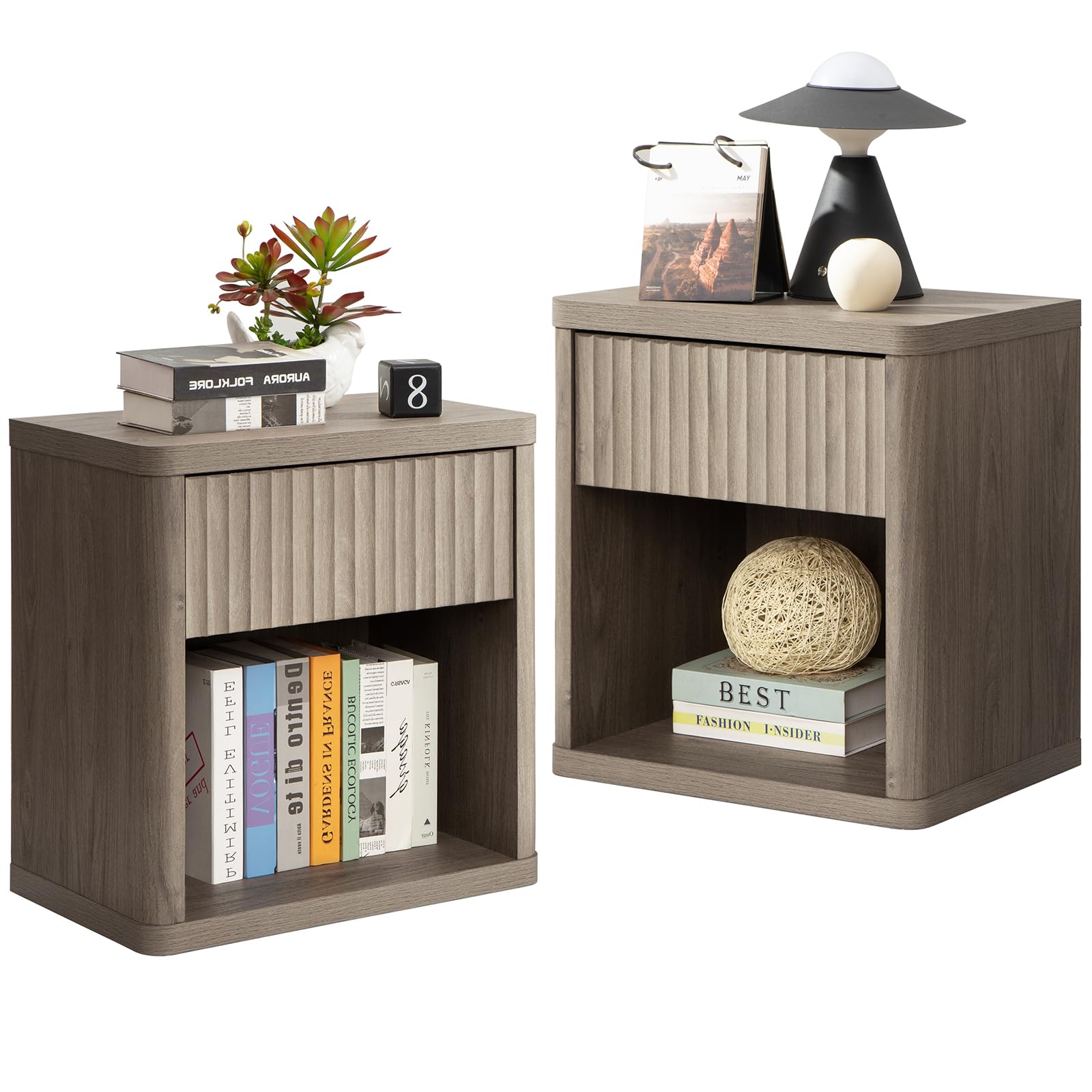 SICOTAS Night Stand Set of 2 Nightstands with Drawer Storage Bed Side Table End Table Large Modern Wood Wide Bedside Stand Mid Century Night Stands for Bedroom Living Room Sofa Couch Office (Grey)