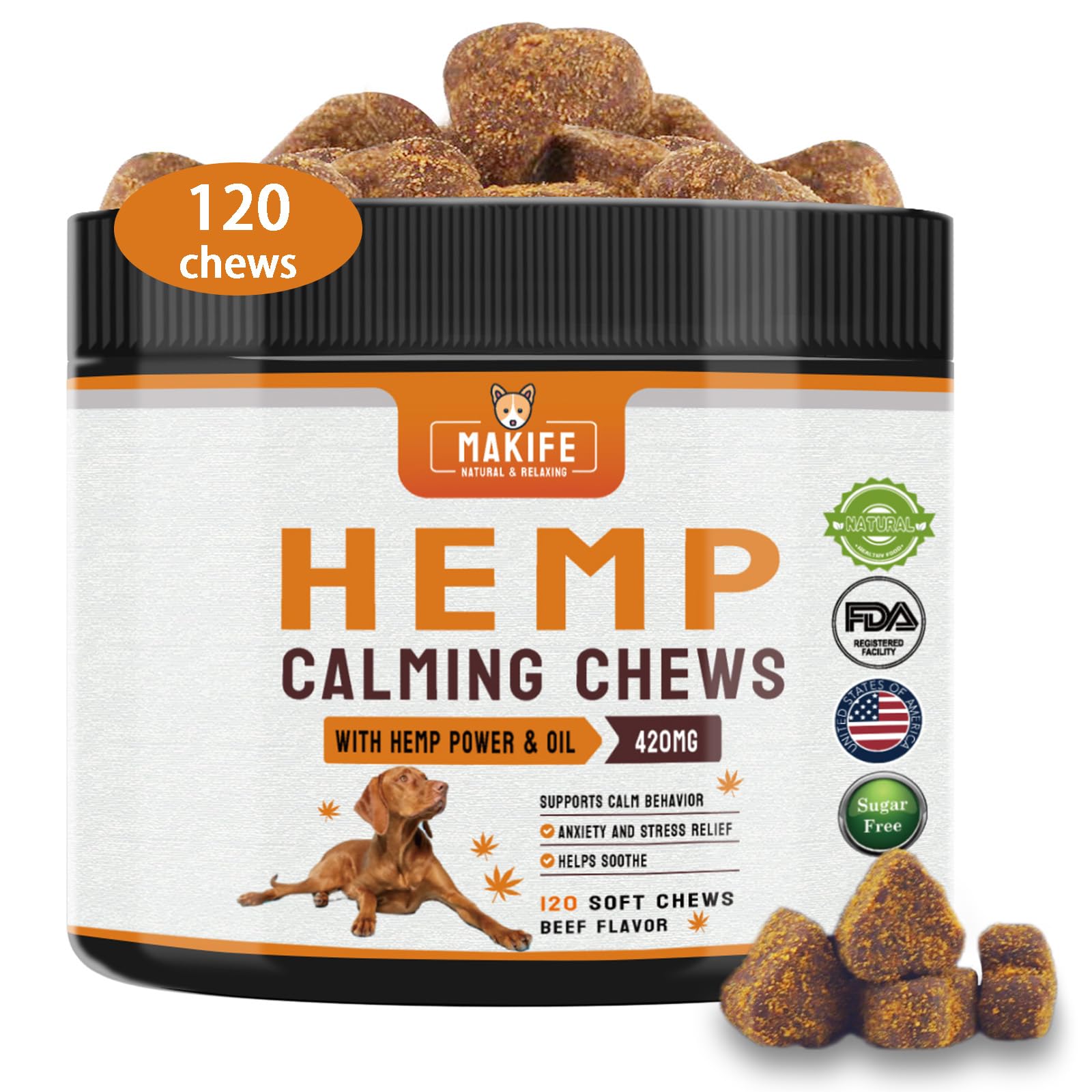 Dogs Hemp Calming Chews, Anxiety Relief Calming Treats 100% Natural Ingredients Calming Treats for Dog, Aid with Barking, Thunderstorms, Separation Beef Flavor