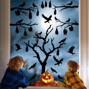 Large Halloween Window Stickers Halloween Tree Wall Decals Bats Stickers Black Bird Crow Decals Peel and Stick Vinyl Halloween Tree Branch Wall Art Sticker Halloween Wall Decor for Party Supplies Gift