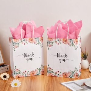 50 Pack Medium White & Spring Floral Thank You Paper Gift Bags with Handles 10 x8 x4 Inches and Pink Tissue Paper for Small Business Wedding Baby Shower Birthday Party Favors Goodies