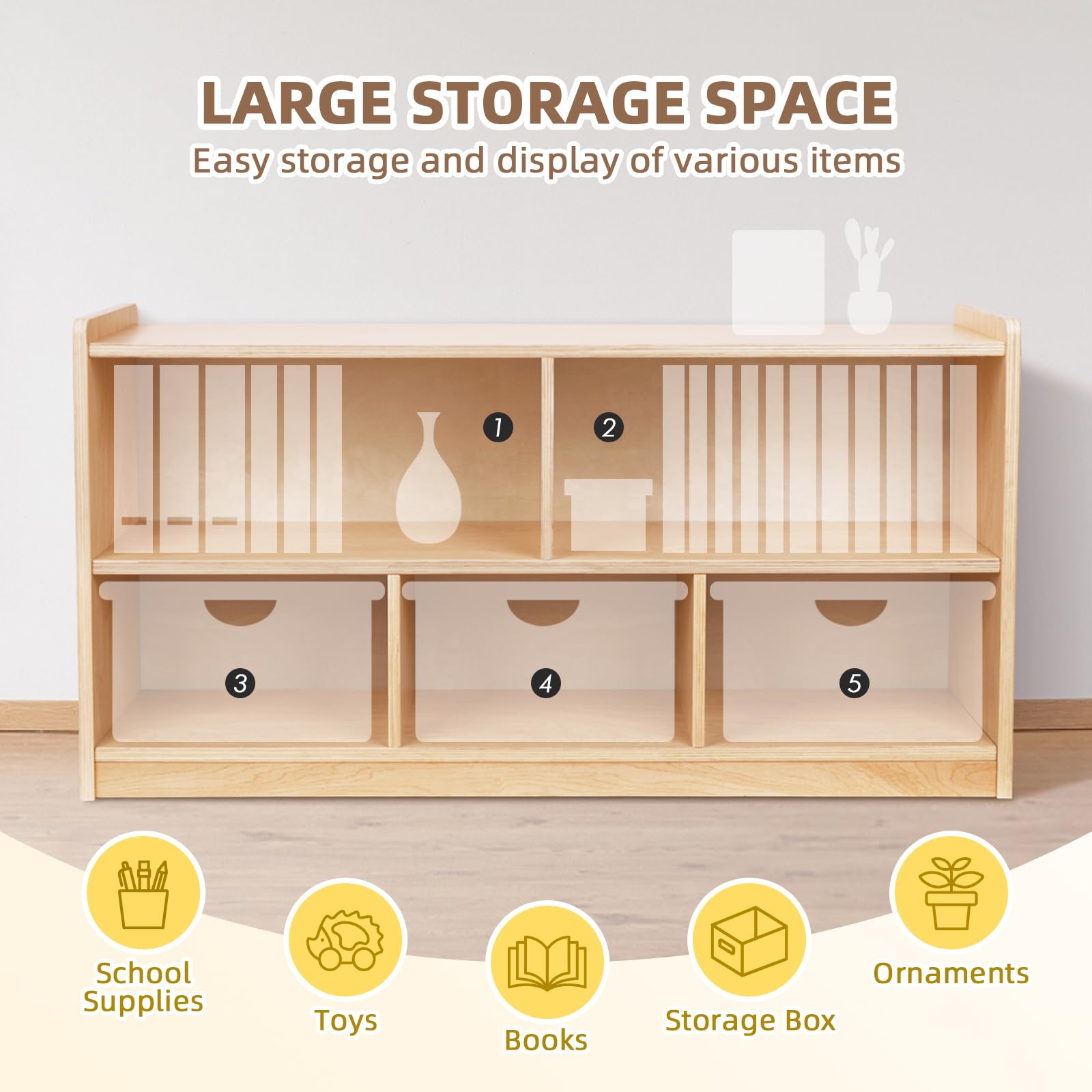 TOOKYLAND 5-Compartment Wooden Storage Cabinet, 2-Shelf Montessori Shelf Toy Organizers and Storage, Kids Classroom Organizer, Playroom, Daycare and Preschool Bookshelves