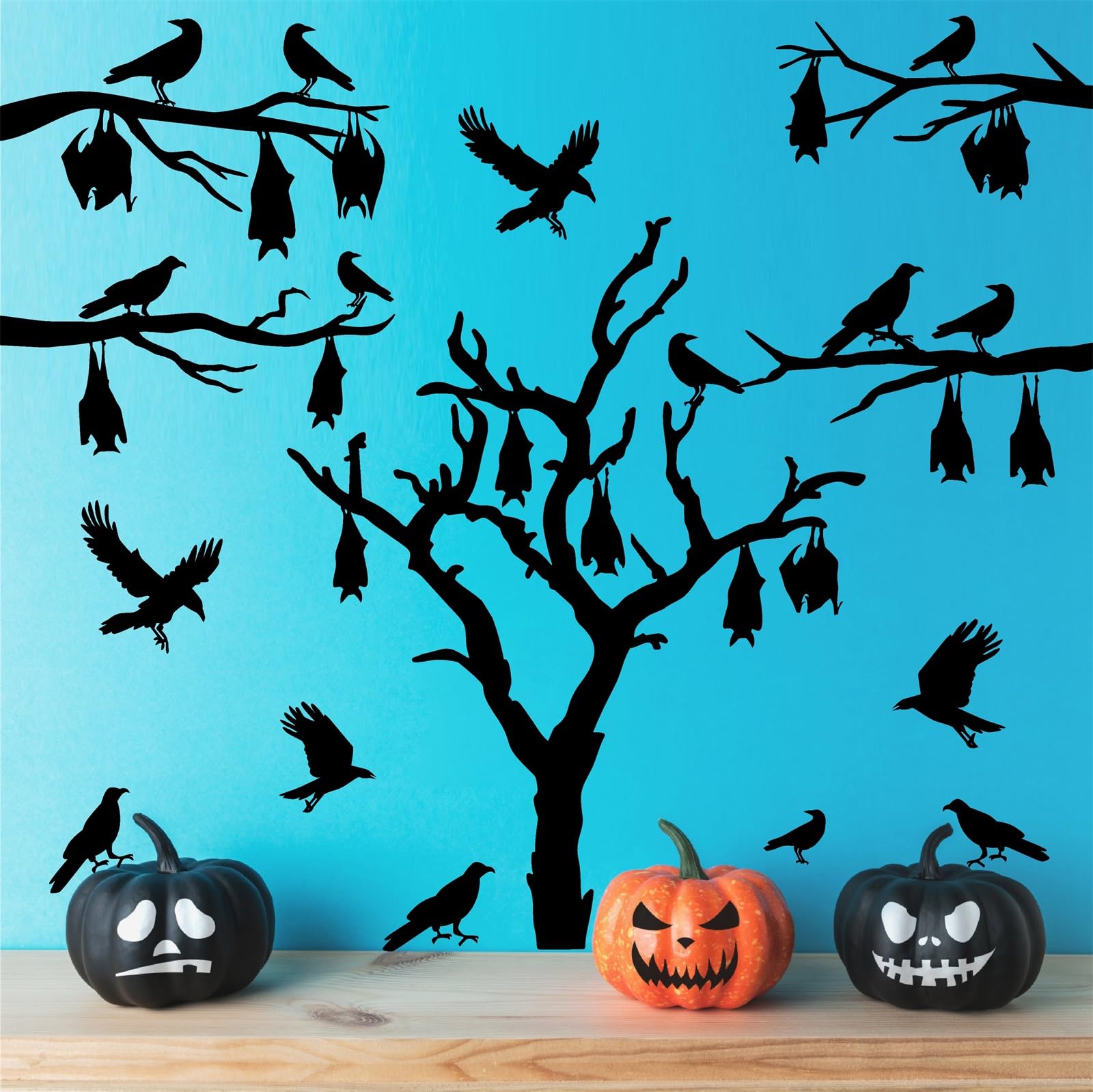 Large Halloween Window Stickers Halloween Tree Wall Decals Bats Stickers Black Bird Crow Decals Peel and Stick Vinyl Halloween Tree Branch Wall Art Sticker Halloween Wall Decor for Party Supplies Gift