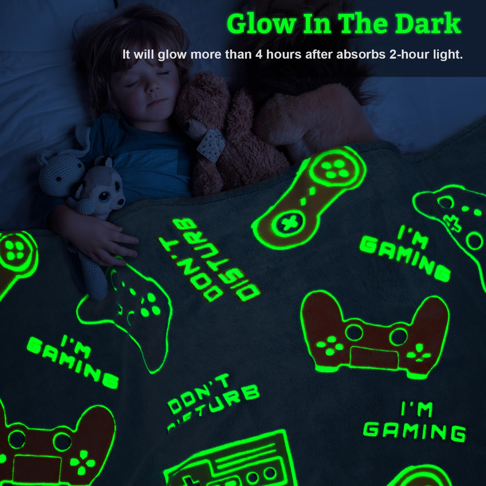 Glow in The Dark Gamer Gaming Blanket Gifts Toys for Kids Boys 1-14 Years Old Birthday Christmas Valentine's Gift Toddler Teens Boyfriends Game Controller Presents Throw Game Room Decor Grey 50"x 60"